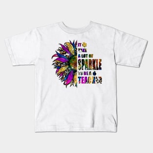 It Takes A Lot Of Sparkle To Be a Teacher Leopard colorful Sunflower Kids T-Shirt